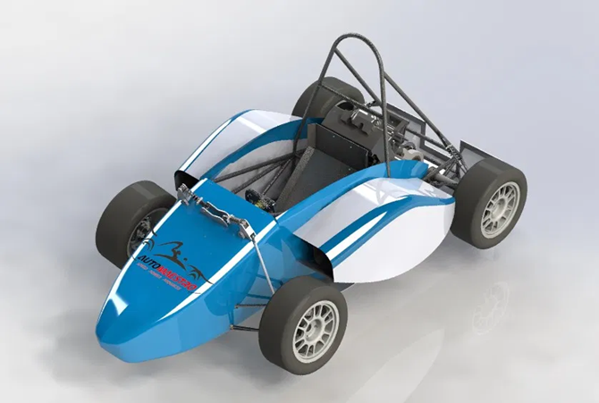 CAD render of the Formula Student car, blue and white livery